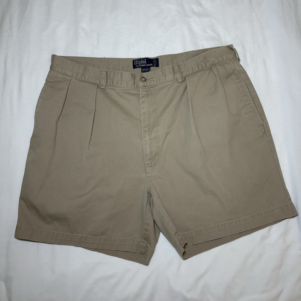 Polo Ralph Lauren Andrew Short Mens 40 Khaki Tan Pleated Chino 100% Cotton